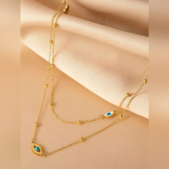 Stainles Double-LayerTurquoise blue evil Eye Pendant Collarbone chain for‎ woman - Picture 2 of 3